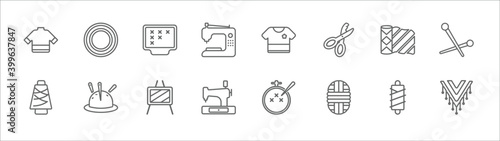 outline set of sew line icons. linear vector icons such as grommet, arras, garment, material, pin sew, cotton reel, pincushion, drawing board, old sewing machine, wool, hand craft