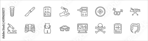 outline set of medical line icons. linear vector icons such as scalpel or knife medical surgery cutting tool, medical notes of a list paper on a clipboard, breath control, united heterosexual,