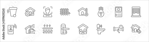 outline set of smart home line icons. linear vector icons such as automation, face scan, freeze, intercom, blind, voice control, home automation, underfloor heating, handle, smart toilet, remote