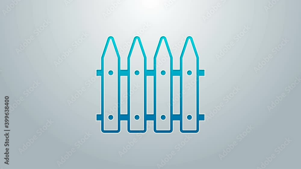 Blue line Garden fence wooden icon isolated on grey background. 4K Video motion graphic animation