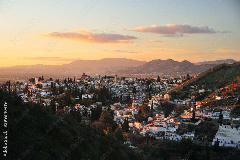 Panoramic view on Albayzin Granada with clouds, Andalusia, Spain in December 2020