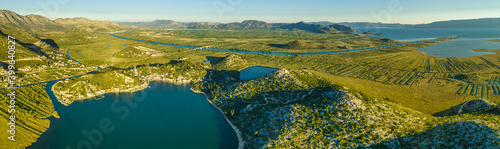Panoramic aerial view of the Neretva delta valley river near Ploce, South Dalmatia, Croatia. photo