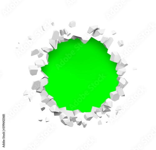 Realistic broken hole in the wall with chromakey. Vector illustration isolated on white background. Ready for any backgrounds. EPS10.	