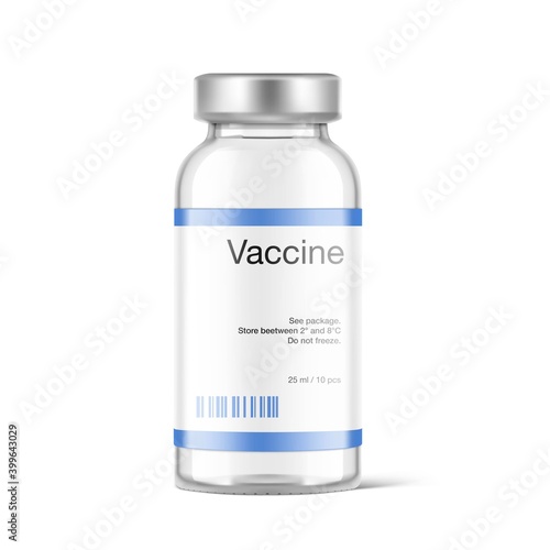 Transparent glass ampule for vaccine injections mockup. Vector illustration isolated on white background. Can be use for medicine, cosmetic and other. Ready for your design. EPS10.	