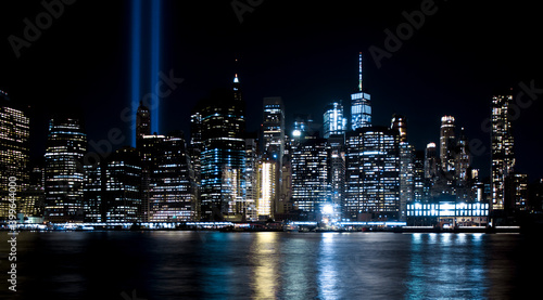 NYC skyline lit up 9 11 lights