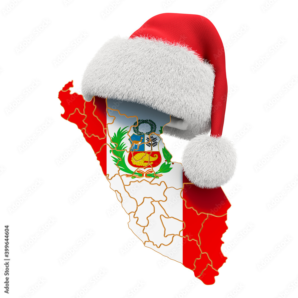 Peruvian map with red Santa hat. New Year and Christmas holidays concept, 3D rendering Peruvian map with red Santa hat. New Year and Christmas holidays concept, 3D rendering