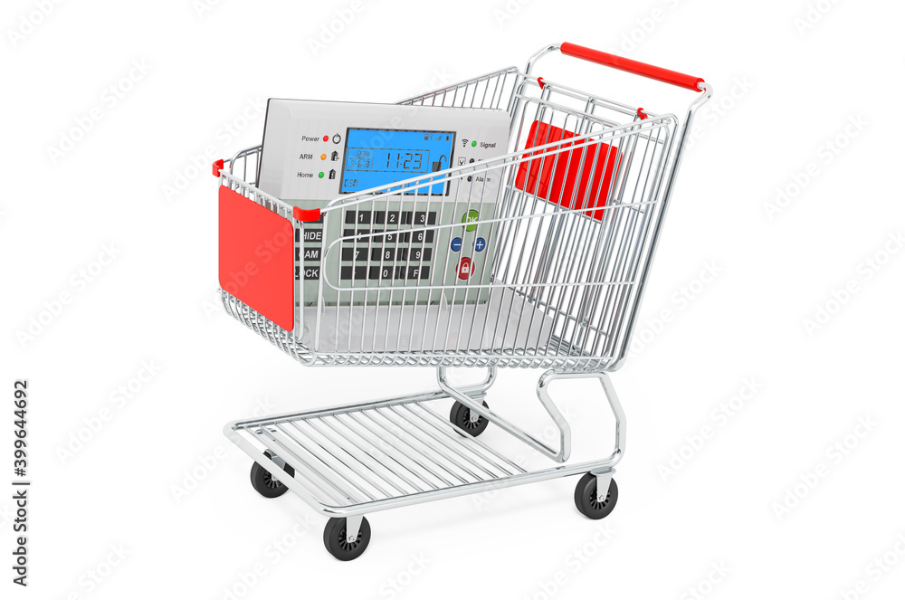 Security alarm system inside shopping cart, 3D rendering Security alarm system inside shopping cart, 3D rendering