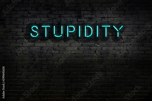 Neon sign. Word stupidity against brick wall. Night view photo