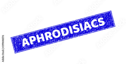 Grunge APHRODISIACS rectangle stamp. APHRODISIACS carved shape label is located inside rectangle with border. Rectangular seal with grunge texture in blue color.