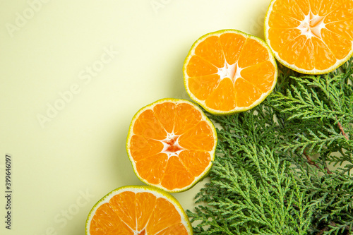 top view fresh tangerine slices on white background orange photo citrus color