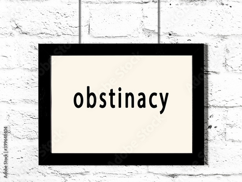 Black frame hanging on white brick wall with inscription obstinacy