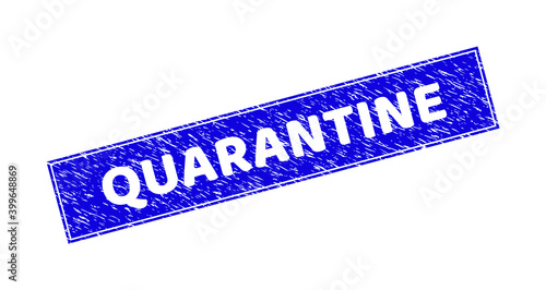 Grunge QUARANTINE rectangle stamp. QUARANTINE hole caption is located inside rectangle with border. Rectangular seal with grunge texture in blue color.