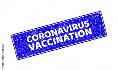 Grunge CORONAVIRUS VACCINATION rectangle stamp. CORONAVIRUS VACCINATION carved shape caption is located inside rectangle with frame. Rectangular seal with grunge texture in blue color.