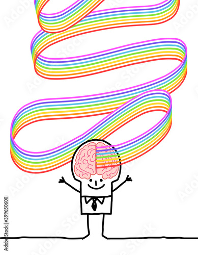 Happy Carton man with big Brain and Rainbow lines Around