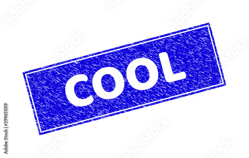 Grunge COOL rectangle stamp seal. COOL stencil label is located inside rectangle with border. Rectangular seal with grunge texture in blue color.