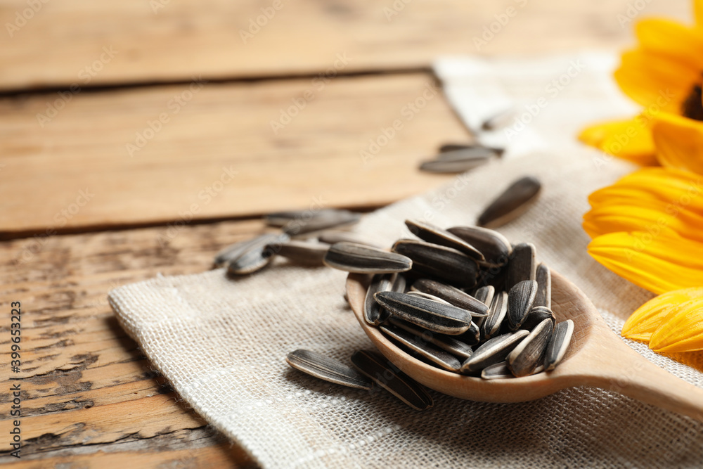 Raw sunflower seeds on wooden table, closeup. Space for text Raw sunflower seeds on wooden table, closeup. Space for text