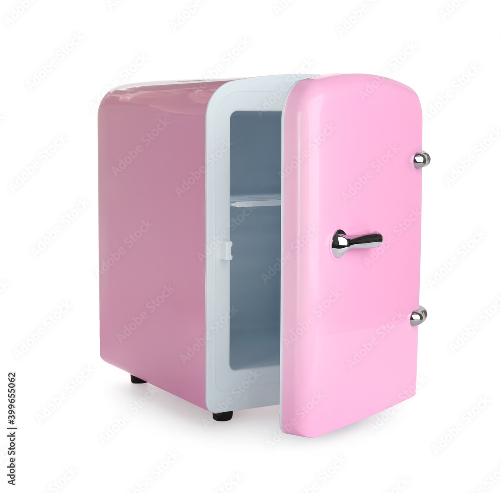 Open pink cosmetics refrigerator isolated on white Open pink cosmetics refrigerator isolated on white