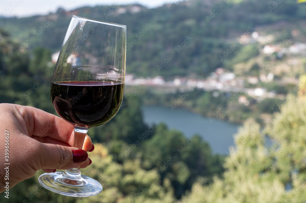 Outdoor tasting of different fortified port wines, hand with glass in sunny autumn, Douro river Valley, Portugal