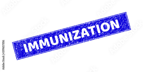 Grunge IMMUNIZATION rectangle watermark. IMMUNIZATION carved shape caption is located inside rectangle with frame. Rectangular seal with grunge texture in blue color.