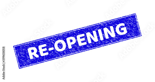 Grunge RE-OPENING rectangle stamp. RE-OPENING subtraction caption is located inside rectangle with frame. Rectangular seal with grunge texture in blue color.