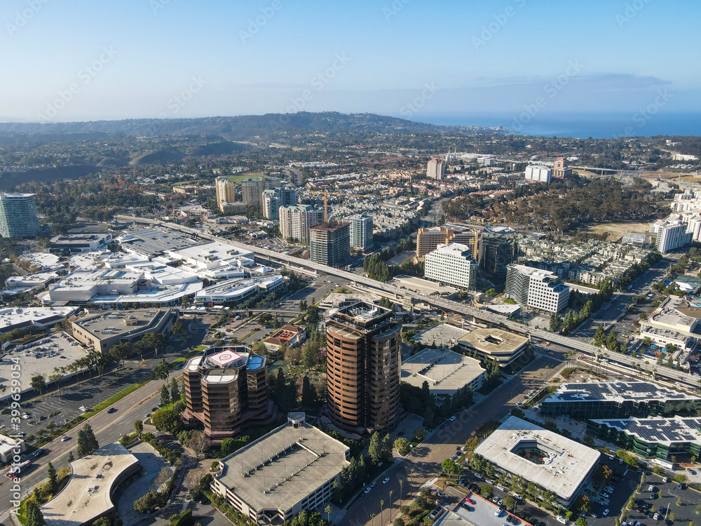 Aerial view of UTC, University City large residential and commercial district next to the University of California, San Diego, California, USA. December 1st, 2020