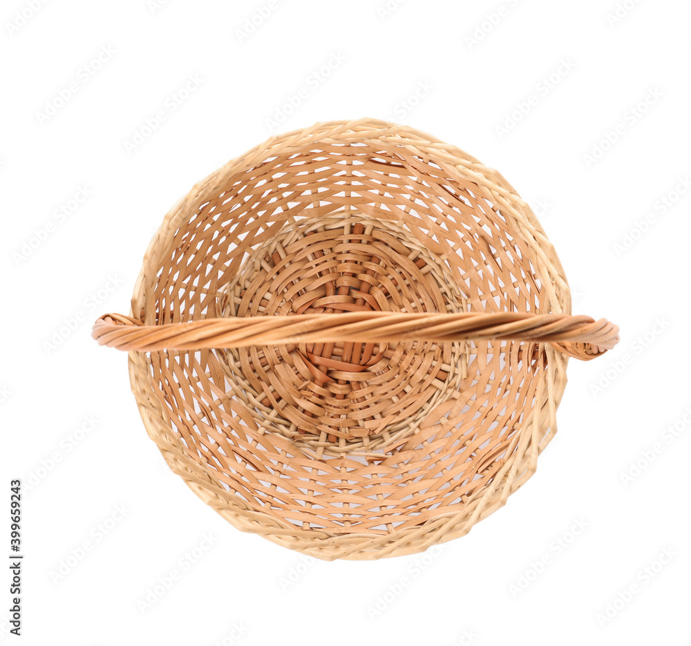 Fototapeta premium Wicker basket with handle isolated on white, top view