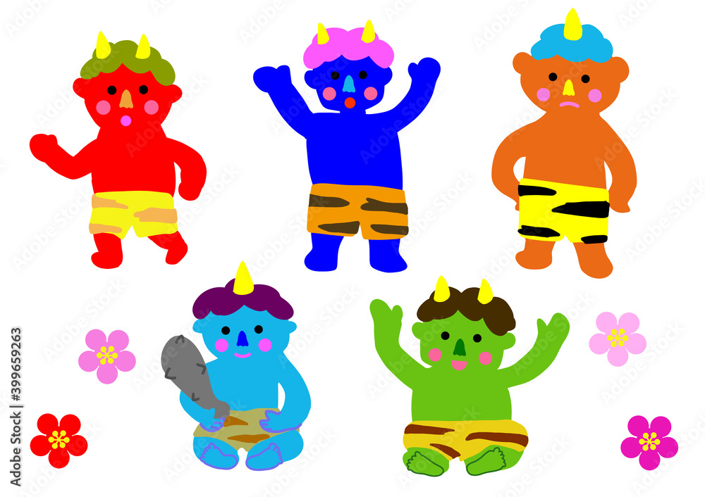 Naklejka premium 5人の鬼と梅の花