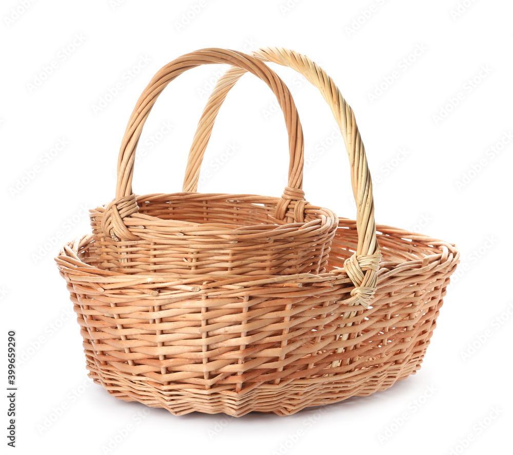 Two decorative wicker baskets on white background