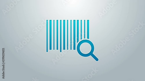 Blue line Search barcode icon isolated on grey background. Magnifying glass searching barcode. Barcode label sticker. Research barcode. 4K Video motion graphic animation