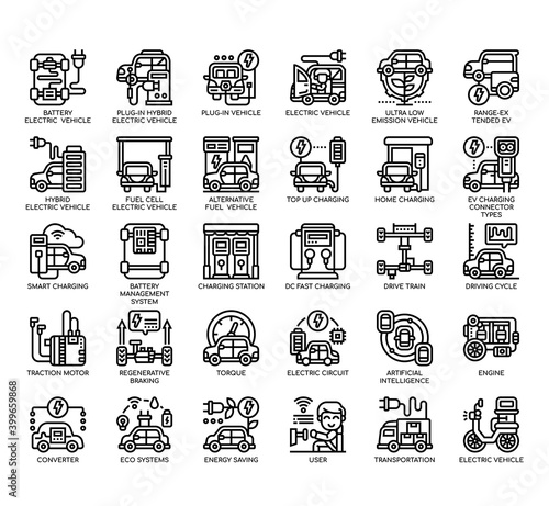 Set of Electric Vehicle thin line and pixel perfect icons for any web and app project.