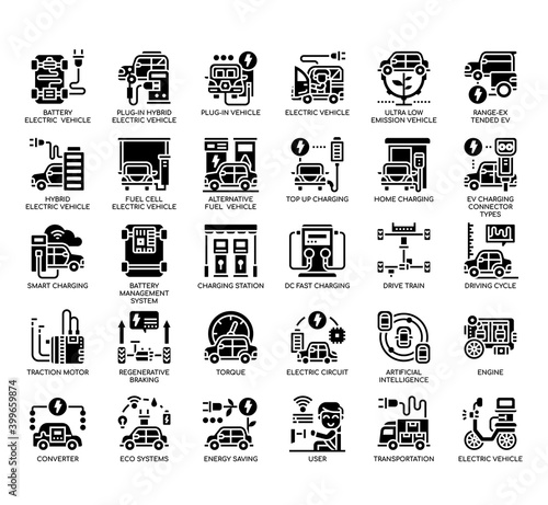 Set of Electric Vehicle thin line and pixel perfect icons for any web and app project.