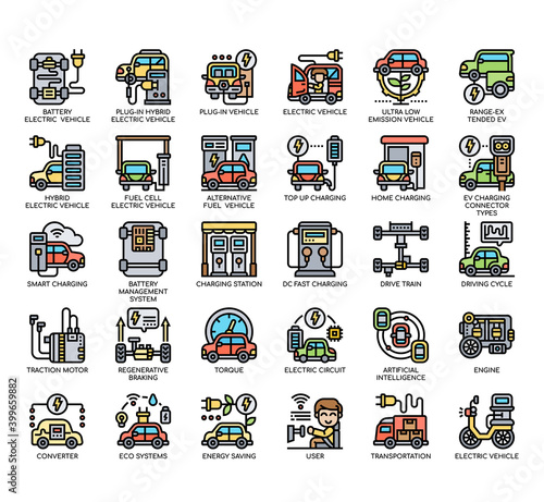 Set of Electric Vehicle thin line and pixel perfect icons for any web and app project.