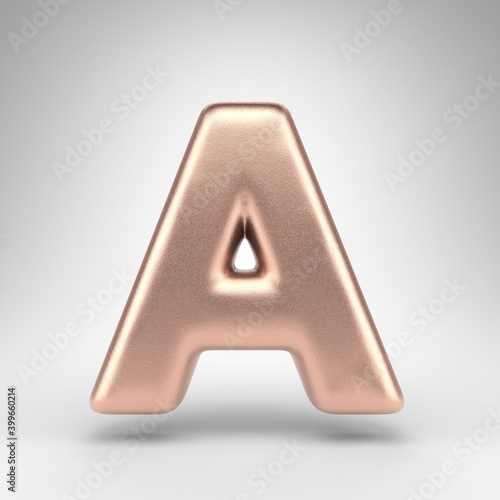 Letter A uppercase on white background. Matte copper 3D letter with shiny metallic texture.
