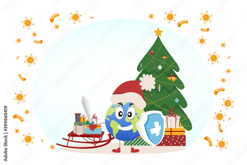 Cure the corona virus. Earth in the Christmas and New Year holidays against the virus. The earth is fighting the coronavirus. end of 2019-ncov. vector illustration Cure the corona virus. Earth in the Christmas and New Year holidays against the virus. The earth is fighting the coronavirus. end of 2019-ncov. vector illustration