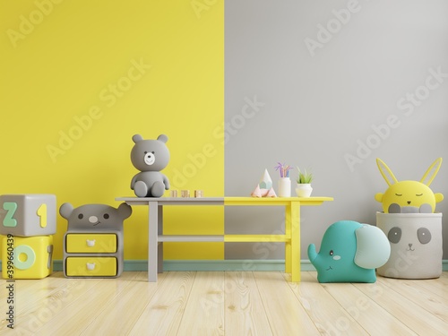 Fotografia Mockup wall in the children's room on yellow illuminating and ultimate gray wall background