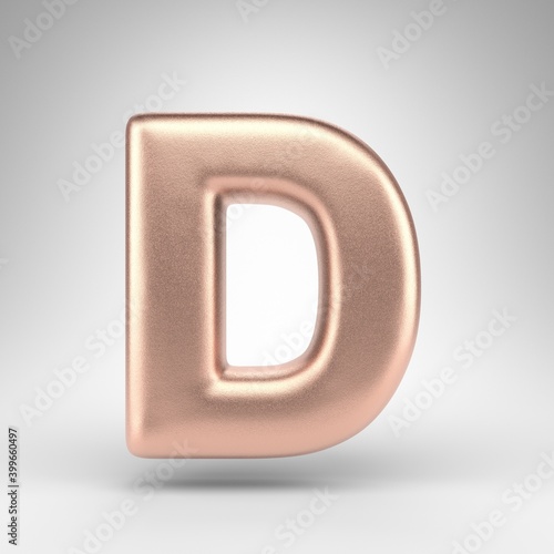 Letter D uppercase on white background. Matte copper 3D letter with shiny metallic texture.