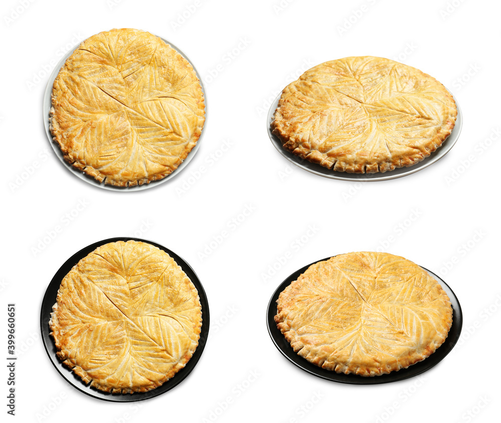 Set of traditional delicious galettes des rois on white background Set of traditional delicious galettes des rois on white background