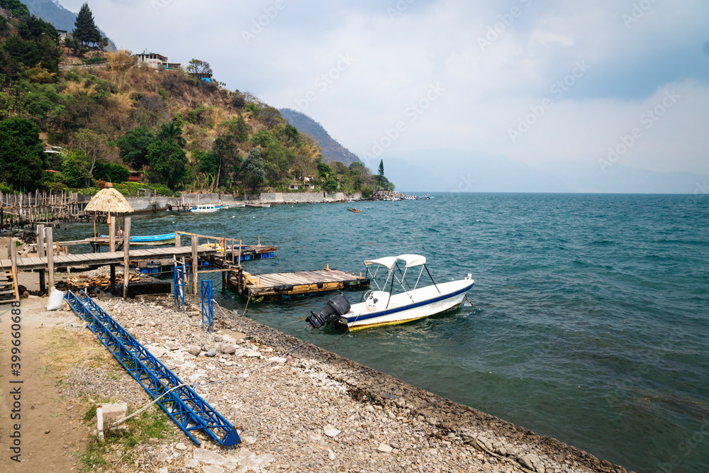 Swimming dock along lake Atitlan at the coast of Santa Cruz la Laguna, Guatemala