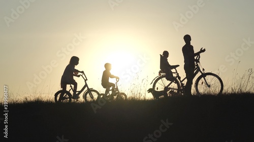 Photography Silhouettes of a large large family with bicycles and dogs at sunset
