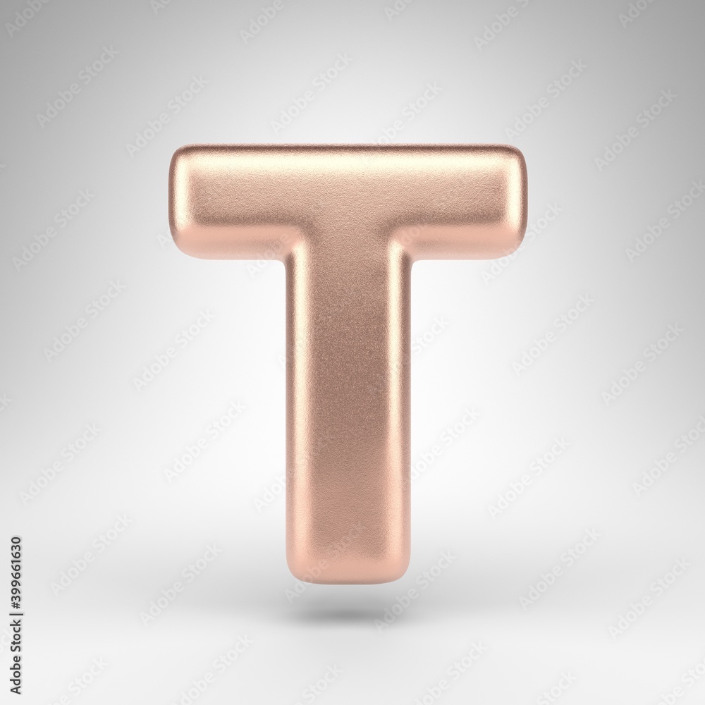 Letter T uppercase on white background. Matte copper 3D rendered font with shiny metallic texture. Letter T uppercase on white background. Matte copper 3D rendered font with shiny metallic texture.
