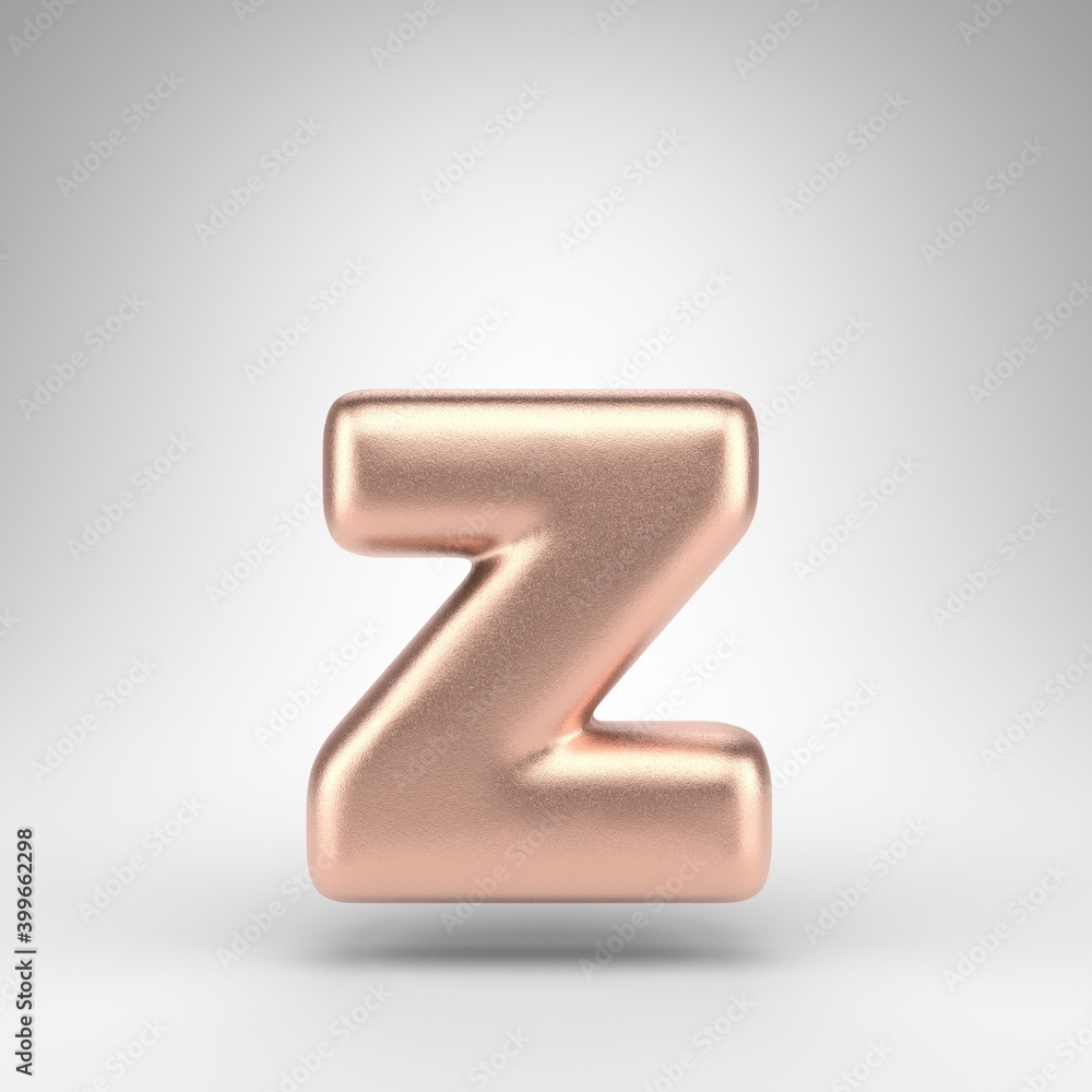 Letter Z lowercase on white background. Matte copper 3D rendered font with shiny metallic texture. Letter Z lowercase on white background. Matte copper 3D rendered font with shiny metallic texture.