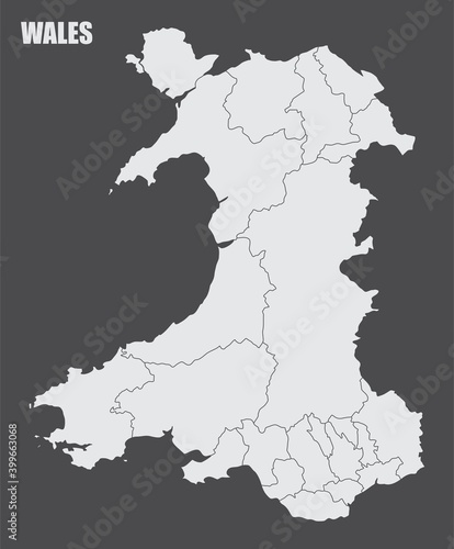 The Wales isolated map divided in regions