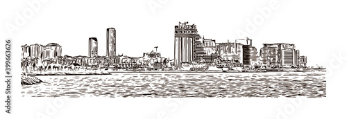 Building view with landmark of Istanbul is a major city in Turkey. Hand drawn sketch illustration in vector.