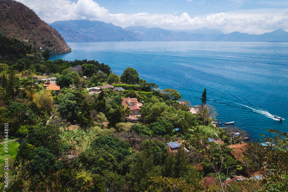 Top view on the coast along lake Atitlan at Santa Cruz la Laguna, Guatemala