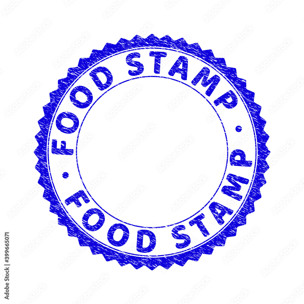 Grunge FOOD STAMP round rosette stamp seal. Empty space inside circle. Vector blue rubber imprint of FOOD STAMP text inside round rosette. Stamp seal with grunge texture. Grunge FOOD STAMP round rosette stamp seal. Empty space inside circle. Vector blue rubber imprint of FOOD STAMP text inside round rosette. Stamp seal with grunge texture.