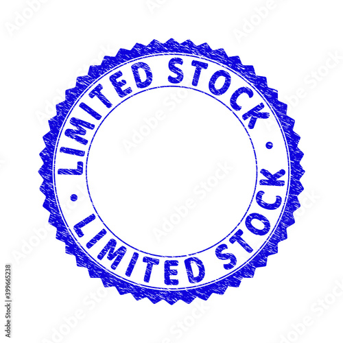 Grunge LIMITED STOCK round rosette stamp seal. Copy space inside circle. Vector blue rubber imprint of LIMITED STOCK title inside round rosette. Stamp seal with grunge texture.