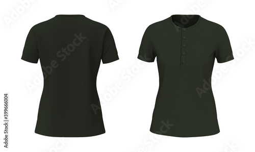 Blank short sleeve henley t-shirt mockup, front and back views, design presentation for print, 3d illustration, 3d rendering