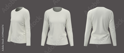 Women's long sleeve  t-shirt mockup, front, side and back views, design presentation for print, 3d illustration, 3d rendering