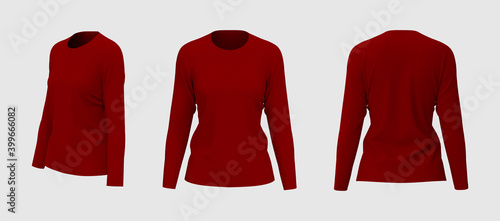 Women's long sleeve t-shirt mockup, front, side and back views, design presentation for print, 3d illustration, 3d rendering
