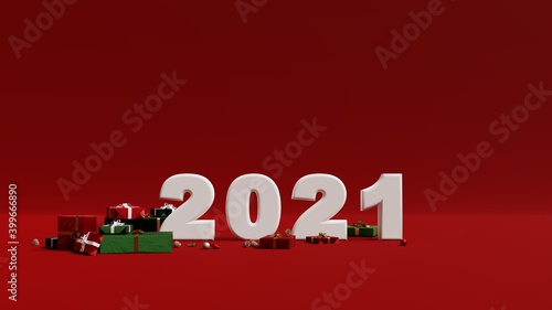 2021 new year christmas tree and gift boxes red background 3d rendering 3d render cgi